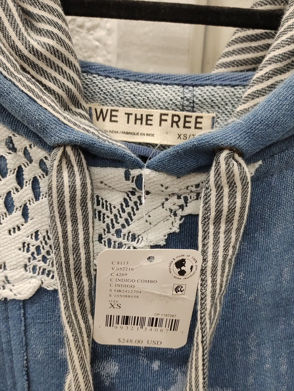 Free People Tattered Romance Hoodie Blue Patchwork Mix Pullover Hoodie - Picture 8 of 9